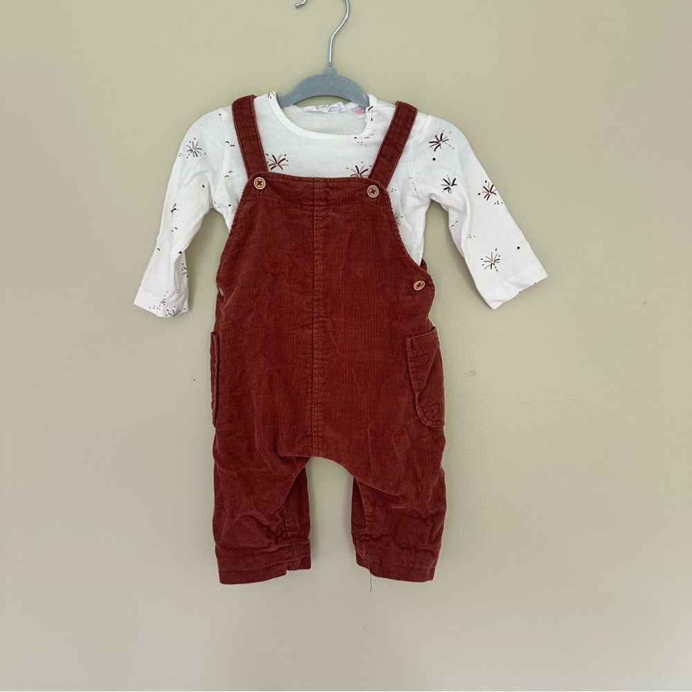 Zara Baby 2-Piece Set Rust Corduroy Overalls & Shirt Outfit 0-3M